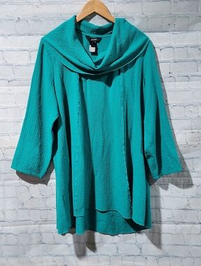Ali Miles Womens 1X Top Cowl Neck Teal Tunic Flowy Boho Lagenlook FAIR